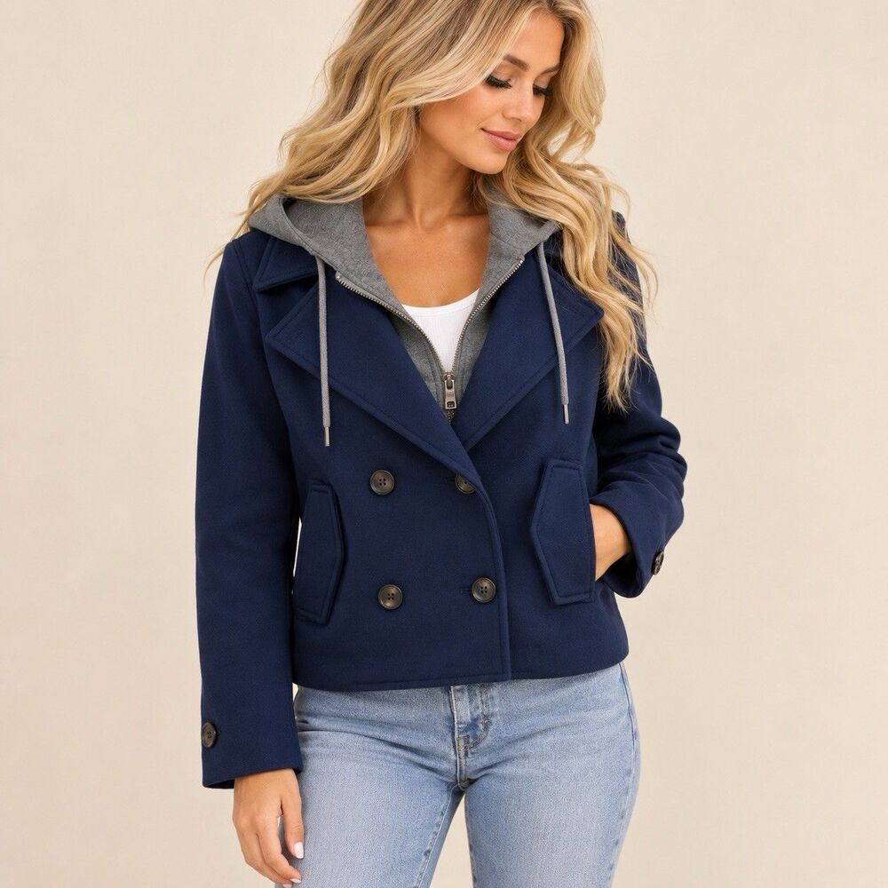 Maeve Anthropologie Twofer Hooded Peacoat Jacket Womens M Navy Blue Removable